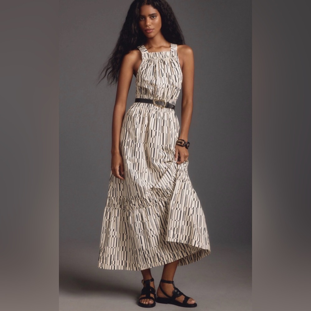 Anthropologie Black and Cream Patterned Maxi Dress NWOT